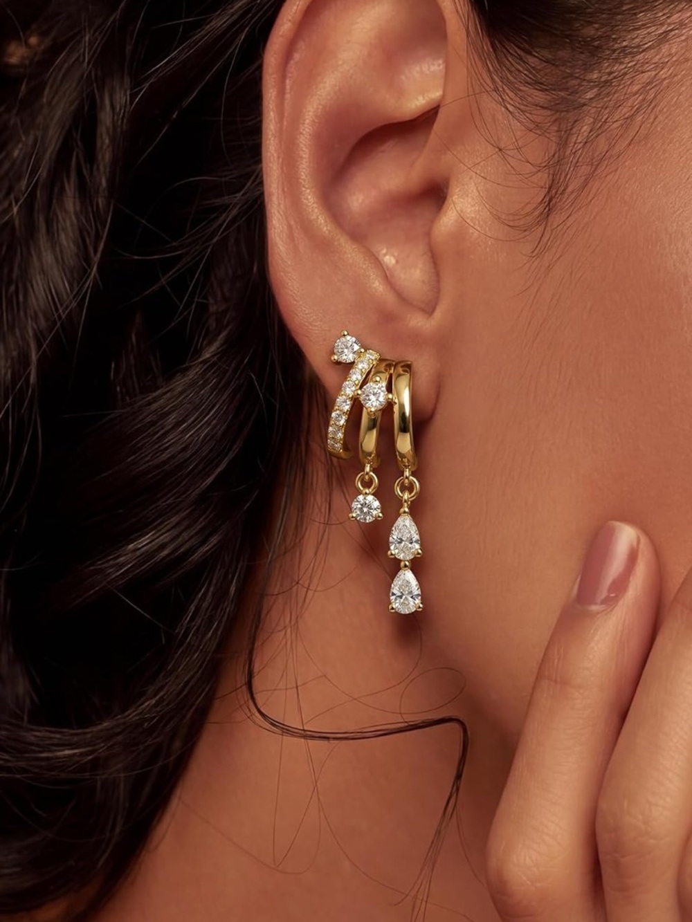 Gold and Clear Crystal Drop Hoop Earrings